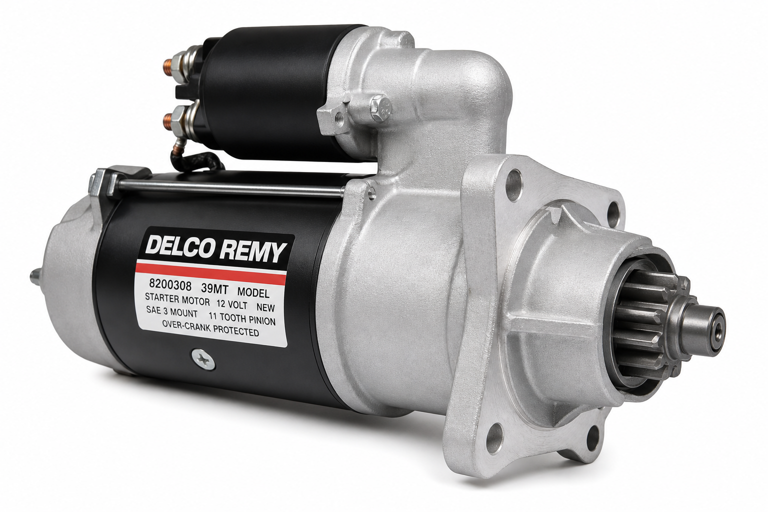 DELCO REMY 8200308 Starter - 39MT, New, 12V, SAE 3 Mount, 11T Pinion, CW Rotation, Over-Crank Protected