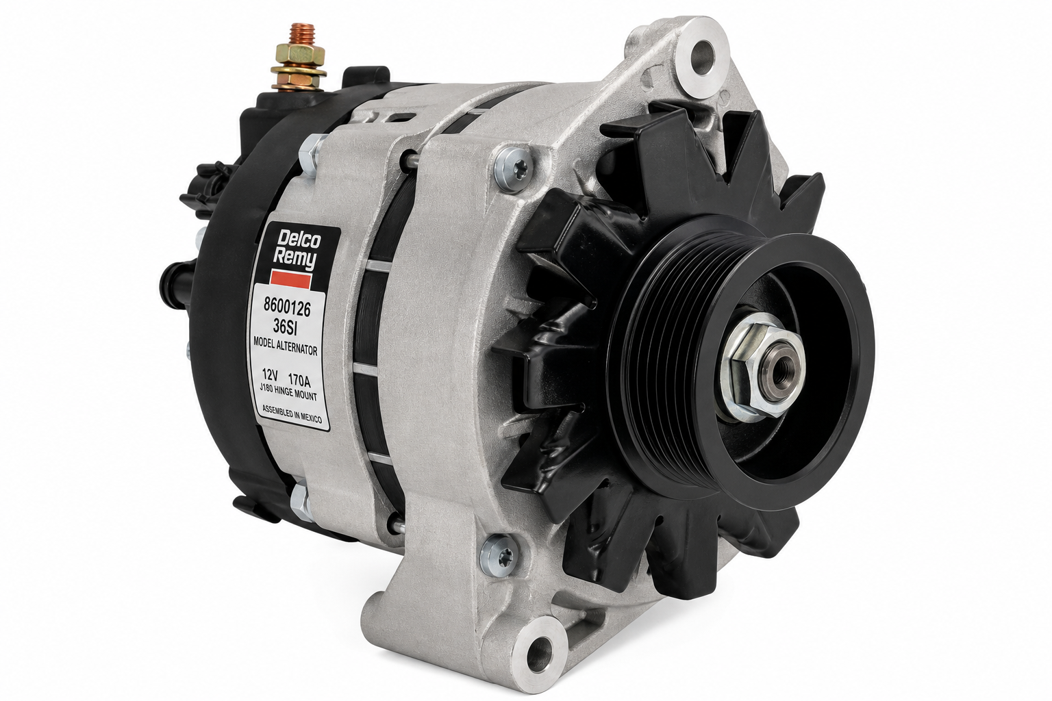 DELCO REMY 8600126 Alternator - 36SI Model, 12V, 170A, 1/4 B+ Output Terminal, J180 Hinge