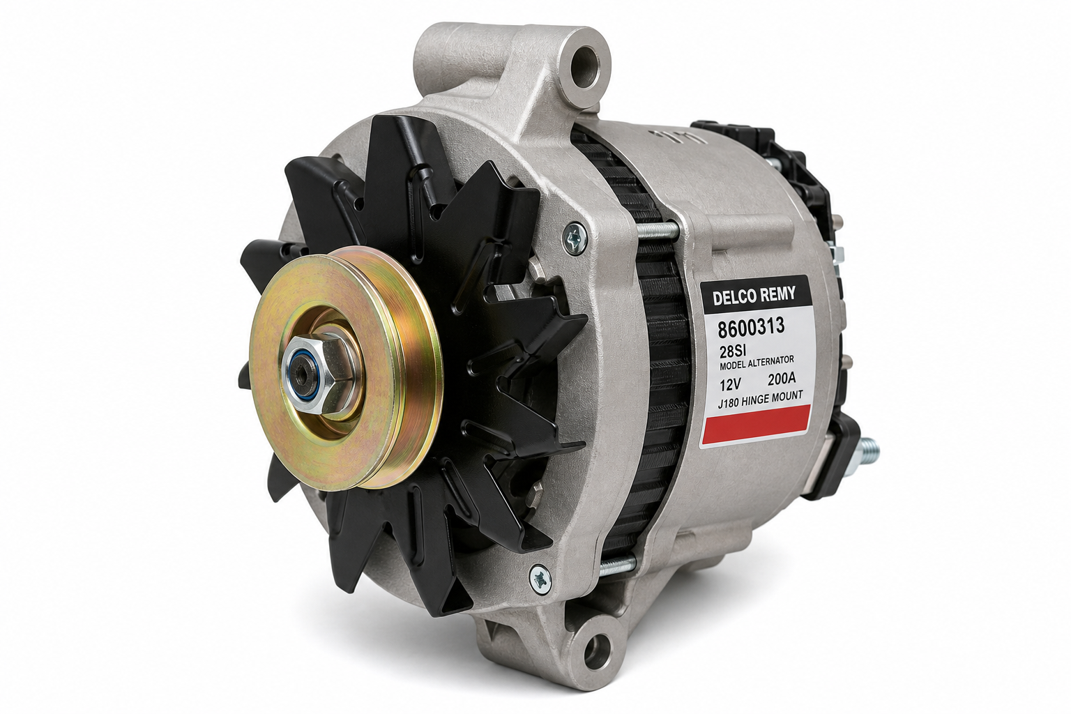 DELCO REMY 8600313 Alternator - 28SI Model, 12V, 200A, 5/16 B+ Output Terminal, J180 Hinge